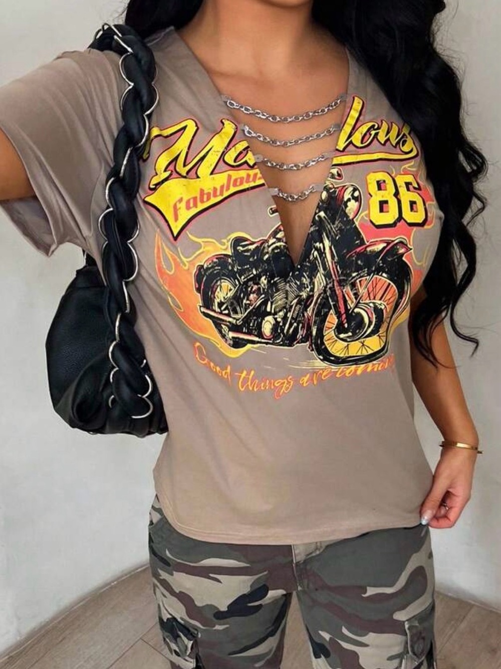 Taupe V-Neck Motorcycle Graphic Tee with Chain Detail